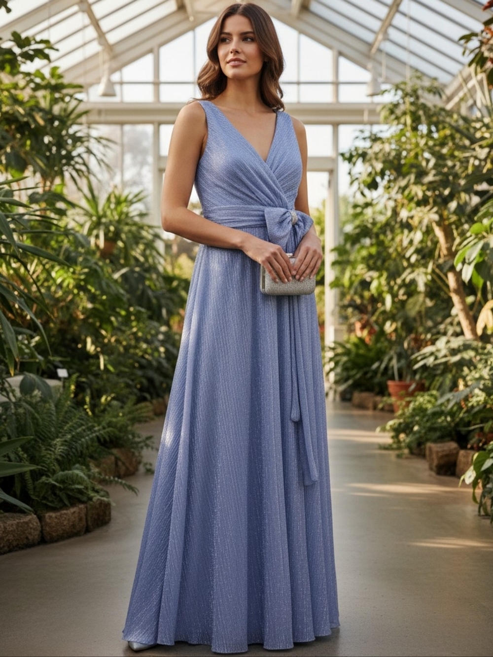Eliza J Womens Gown Style Bow Sleeveless V Neck Dress Periwinkle Sz 14 PTP 18"